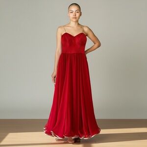 Vintage Joy Cherry 90's Red Silk Formal Evening Maxi Dress Sweetheart Size Small